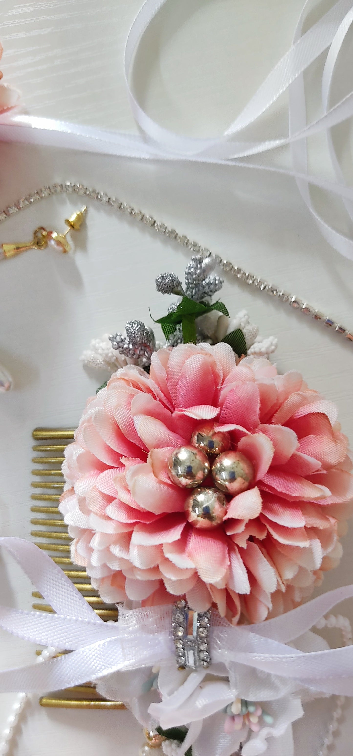 Elegant Floral Hair Comb with Pink Flower, Pearls & Ribbon - Personally Handcrafted