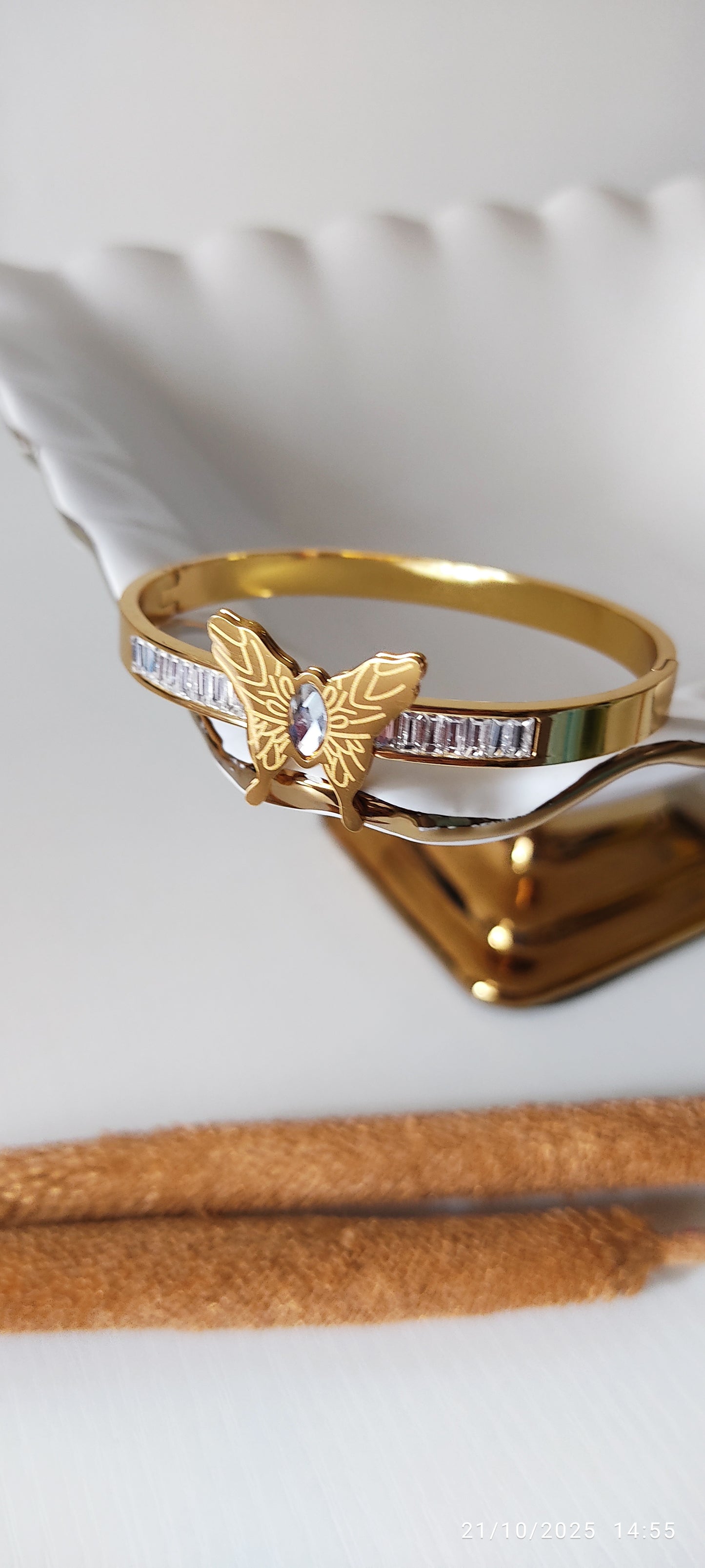 Butterfly Accent Gold-Plated Crystal Bangle Bracelet