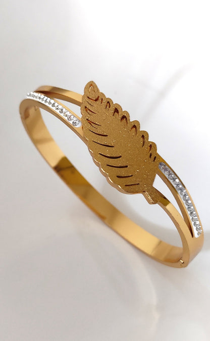Leaf Motif Gold-Plated Bangle Bracelet with Crystal Detailing
