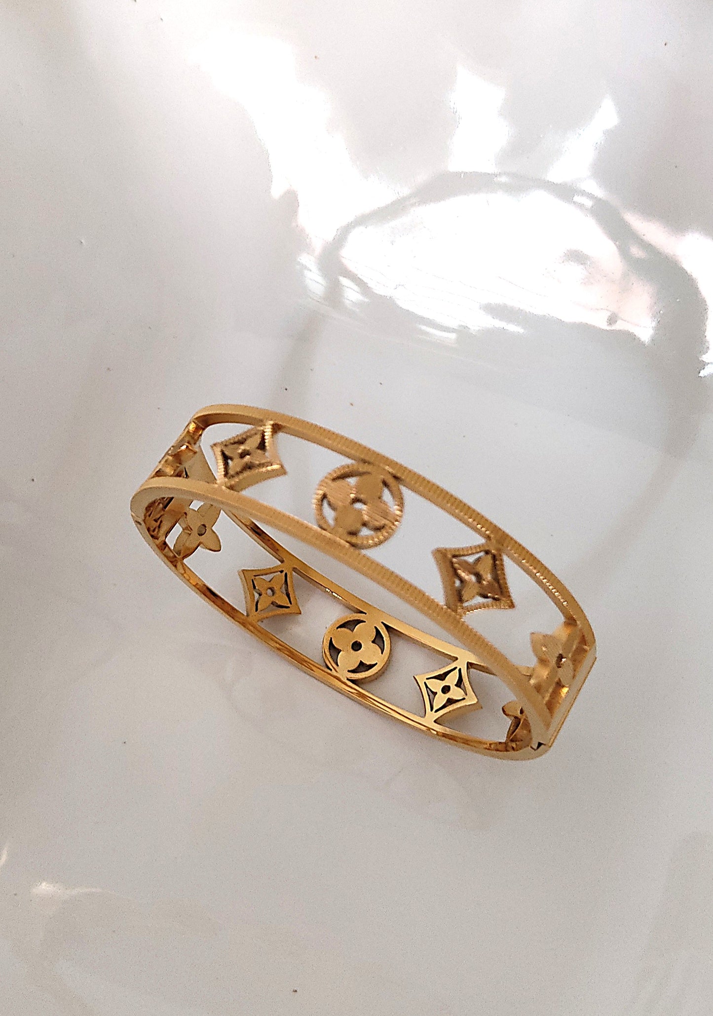 Signature Motif Gold-Plated Designer Bangle Bracelet
