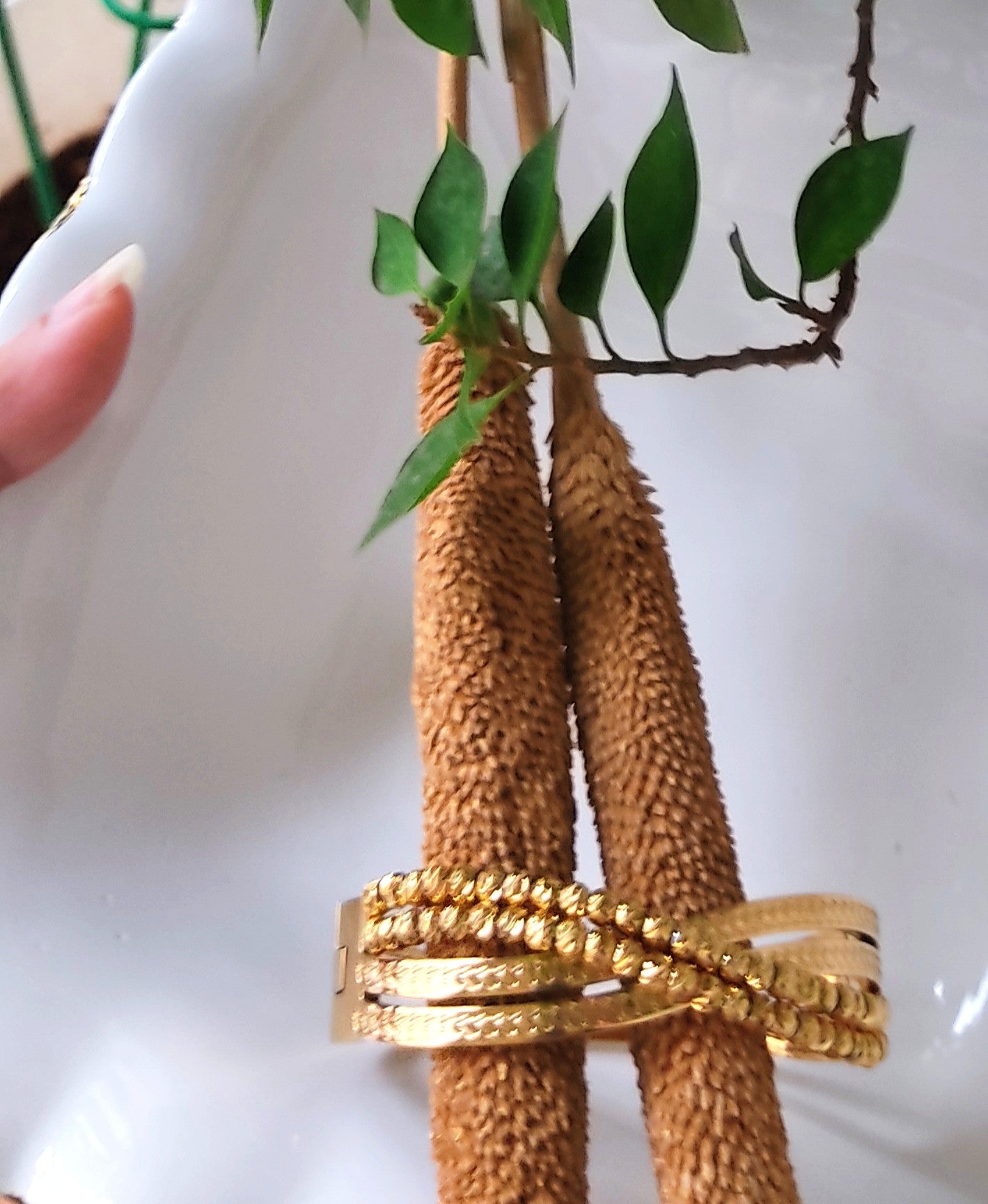 Dual Texture With Rotating Beads Gold-Plated Bangle Bracelet