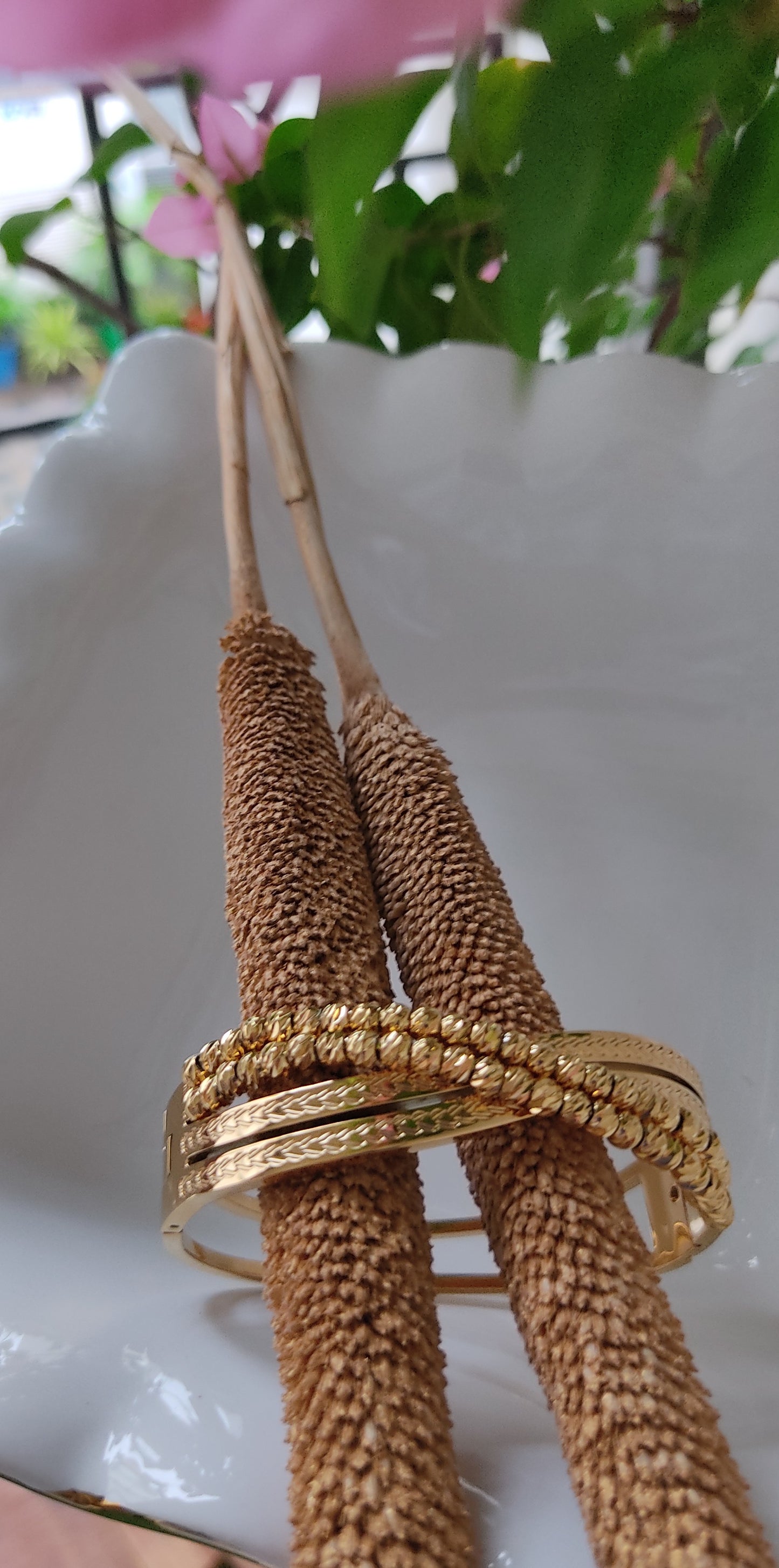Dual Texture With Rotating Beads Gold-Plated Bangle Bracelet