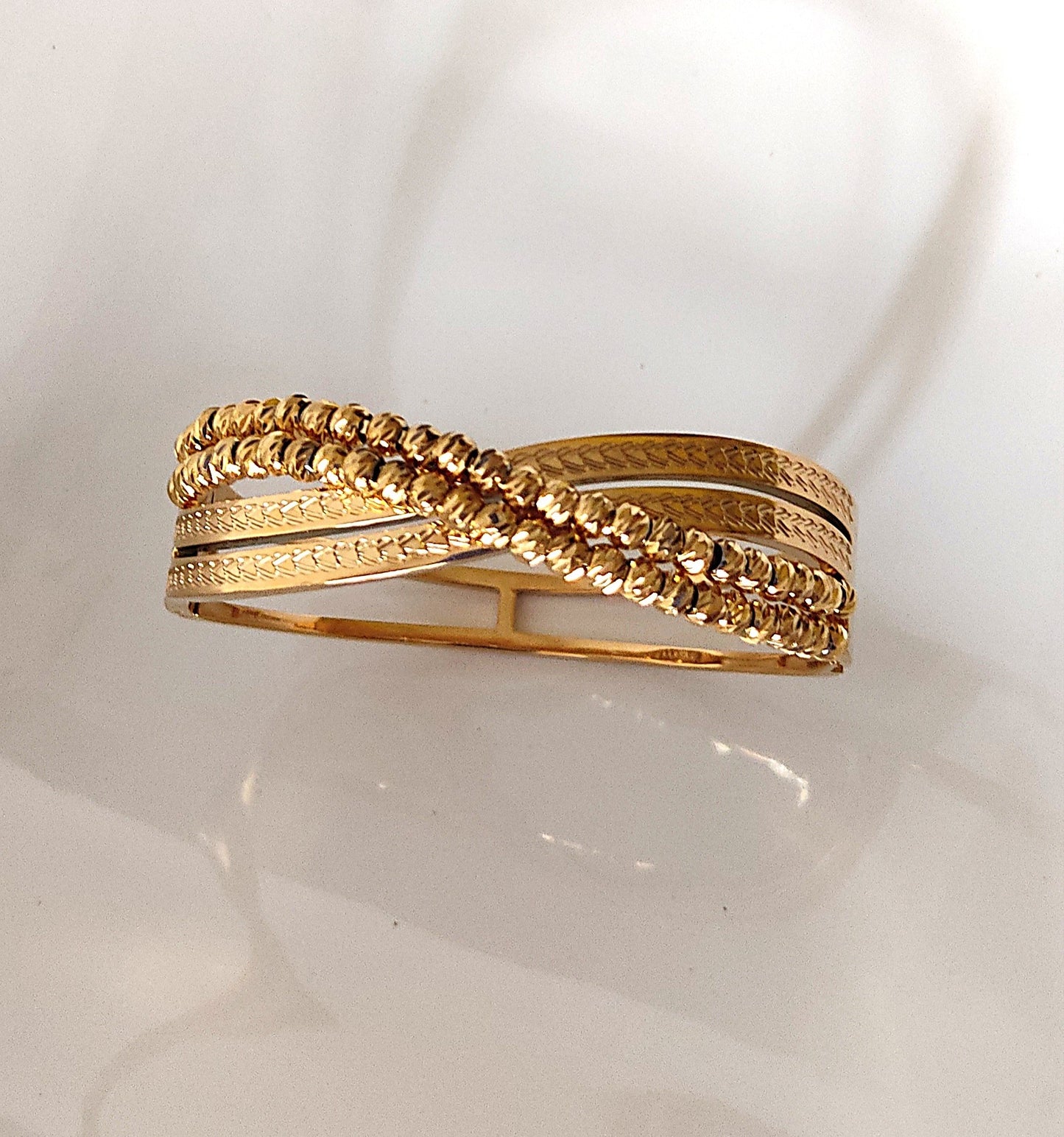 Dual Texture With Rotating Beads Gold-Plated Bangle Bracelet