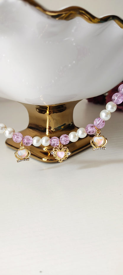 Lilac Crystal Bead & Pearl Necklace with Gold Princess Heart Charms