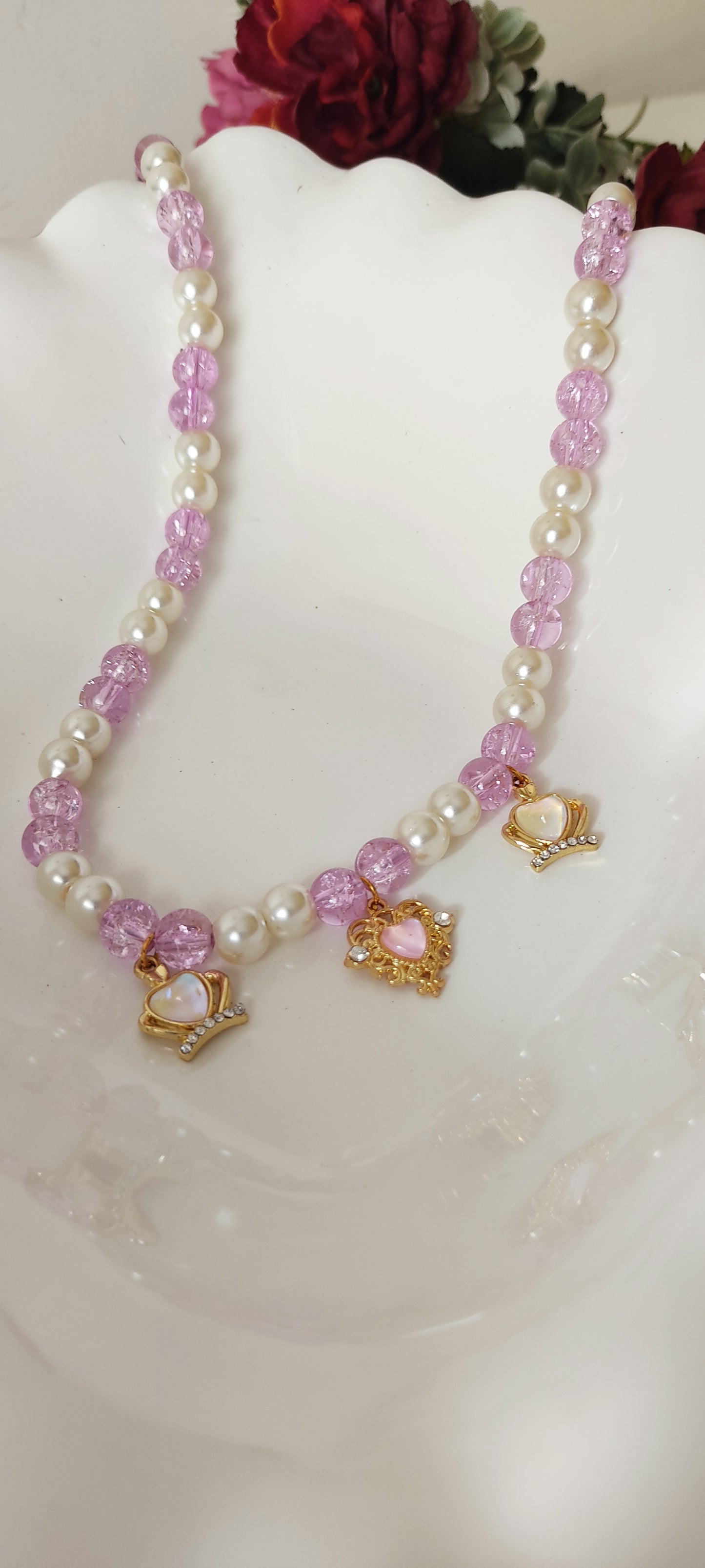 Lilac Crystal Bead & Pearl Necklace with Gold Princess Heart Charms