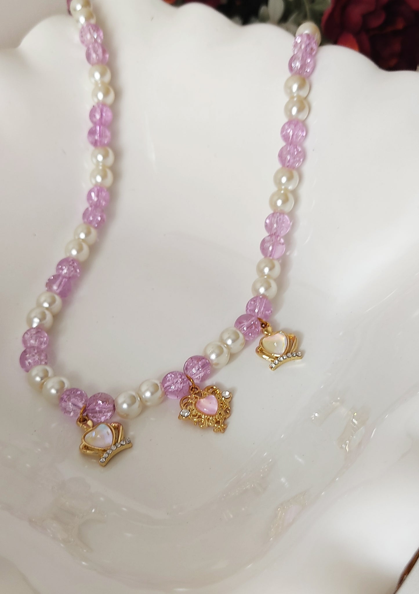 Lilac Crystal Bead & Pearl Necklace with Gold Princess Heart Charms