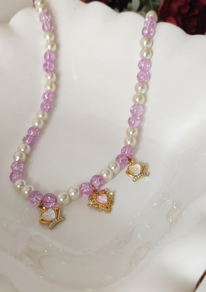 Lilac Crystal Bead & Pearl Necklace with Gold Princess Heart Charms