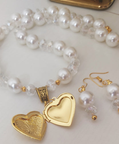 Elegant Pearl Heart Locket Necklace Set – 18K Gold Tone