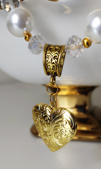 Elegant Pearl Heart Locket Necklace Set – 18K Gold Tone