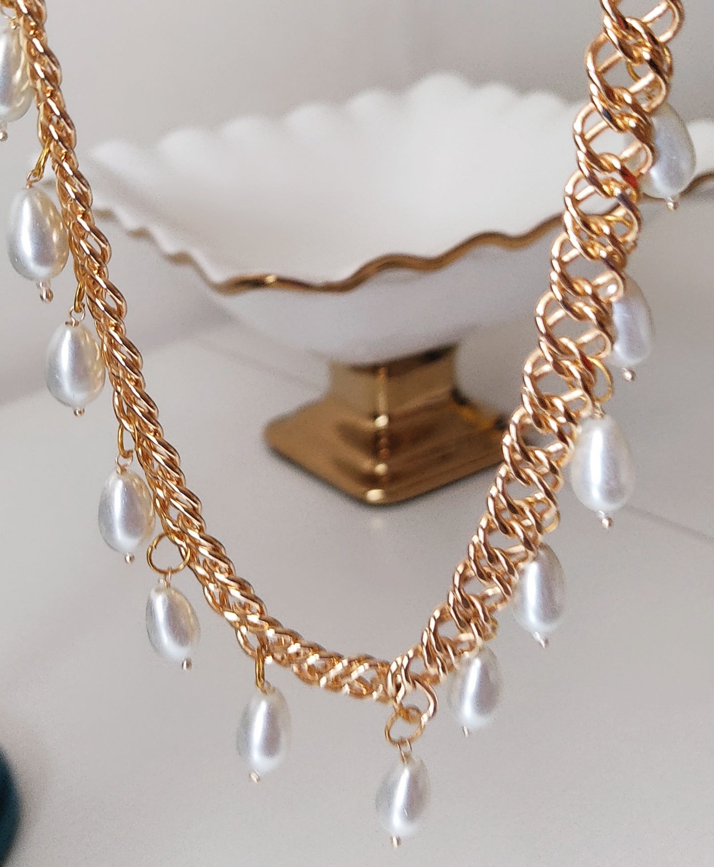 Gold-Tone Chain Collar Necklace with White Teardrop Pearl Dangles