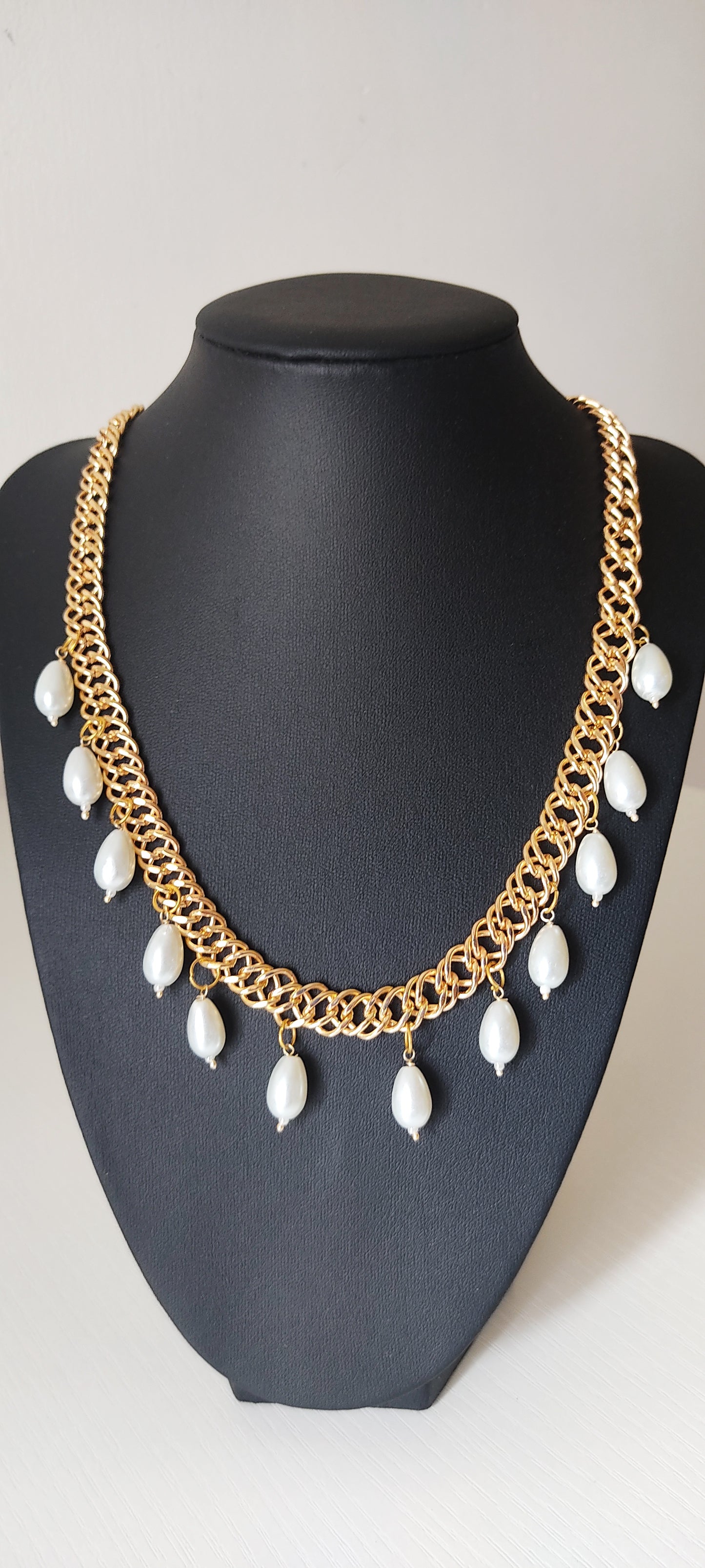 Gold-Tone Chain Collar Necklace with White Teardrop Pearl Dangles