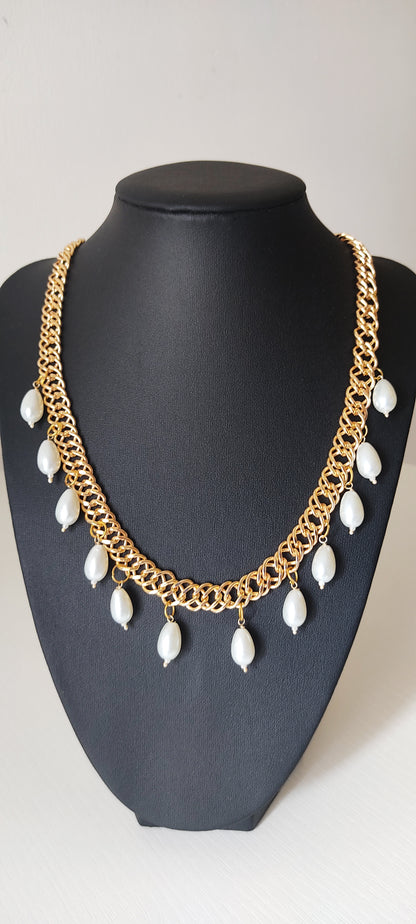 Gold-Tone Chain Collar Necklace with White Teardrop Pearl Dangles