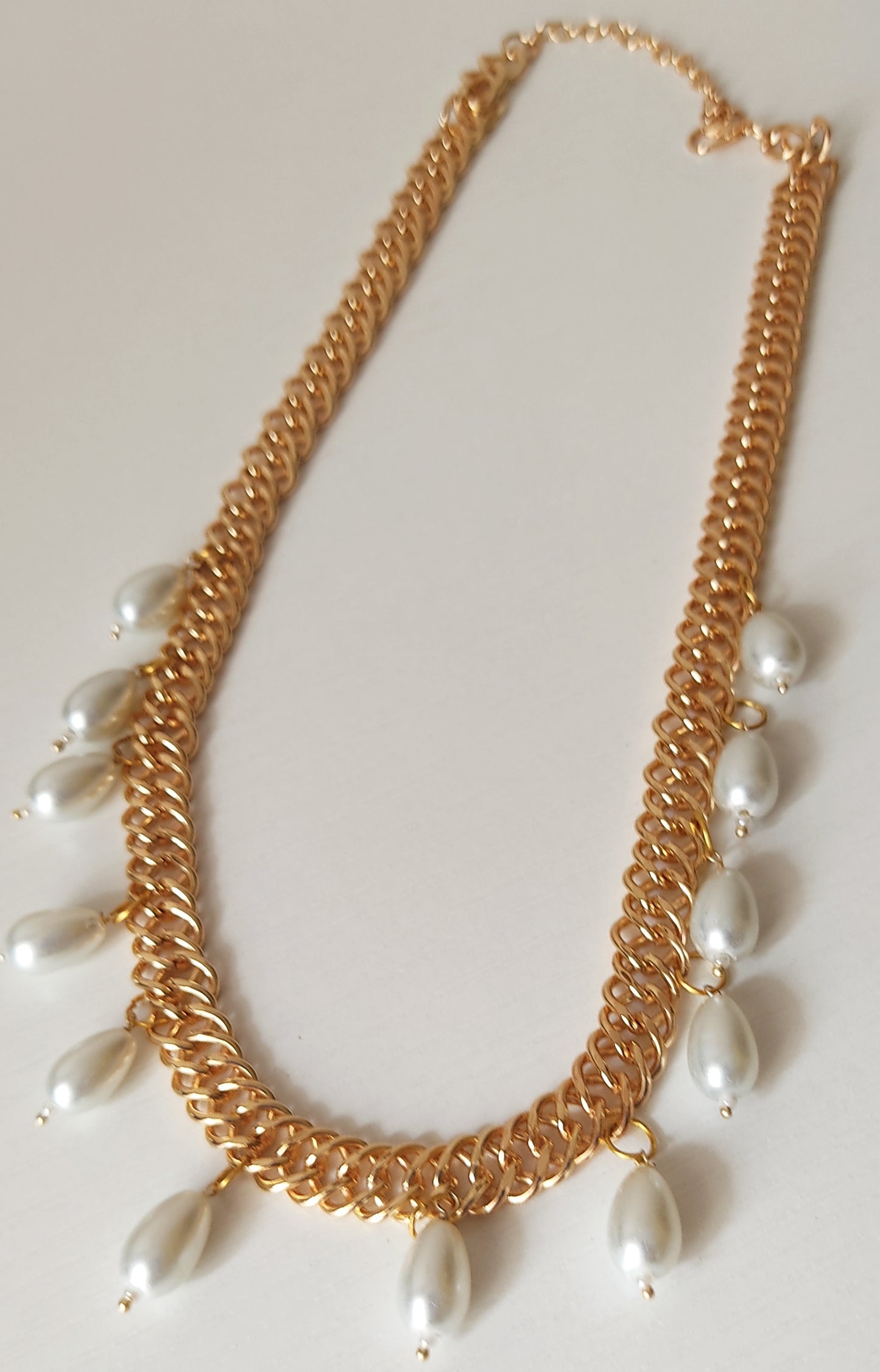 Gold-Tone Chain Collar Necklace with White Teardrop Pearl Dangles