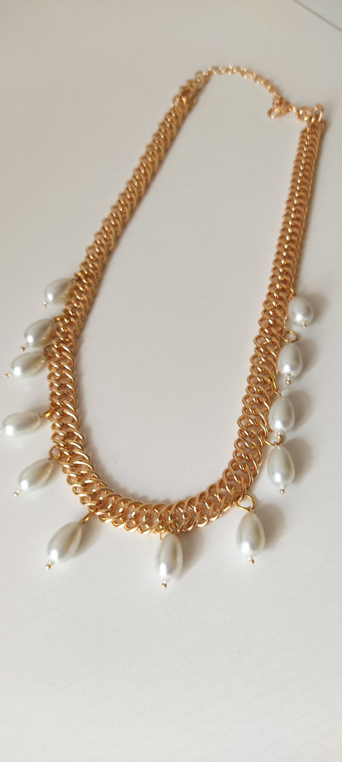 Gold-Tone Chain Collar Necklace with White Teardrop Pearl Dangles