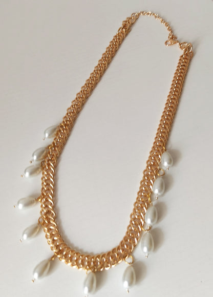 Gold-Tone Chain Collar Necklace with White Teardrop Pearl Dangles