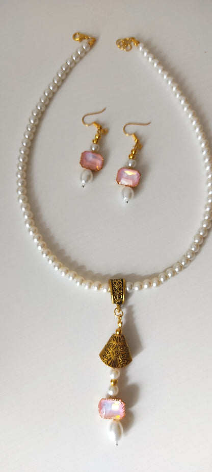 Pink Opal Crystal Pendant Pearl Necklace Set with Matching Earrings – Gold Tone
