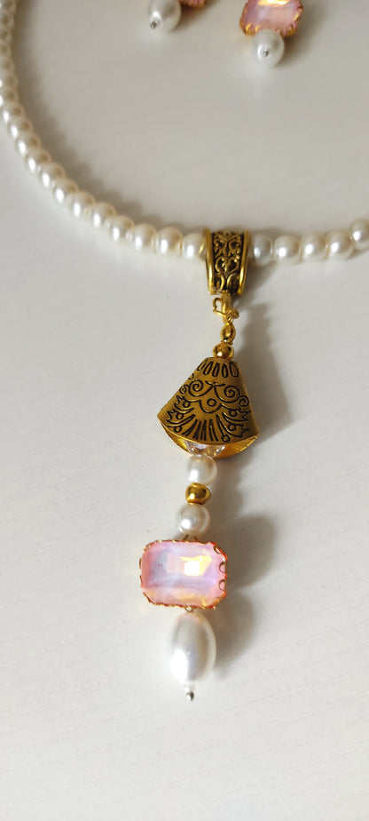 Pink Opal Crystal Pendant Pearl Necklace Set with Matching Earrings – Gold Tone