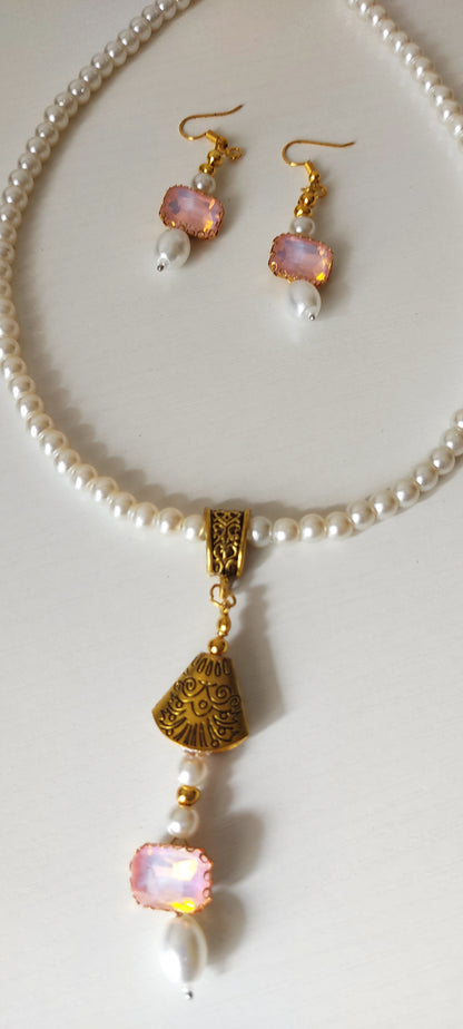 Pink Opal Crystal Pendant Pearl Necklace Set with Matching Earrings – Gold Tone