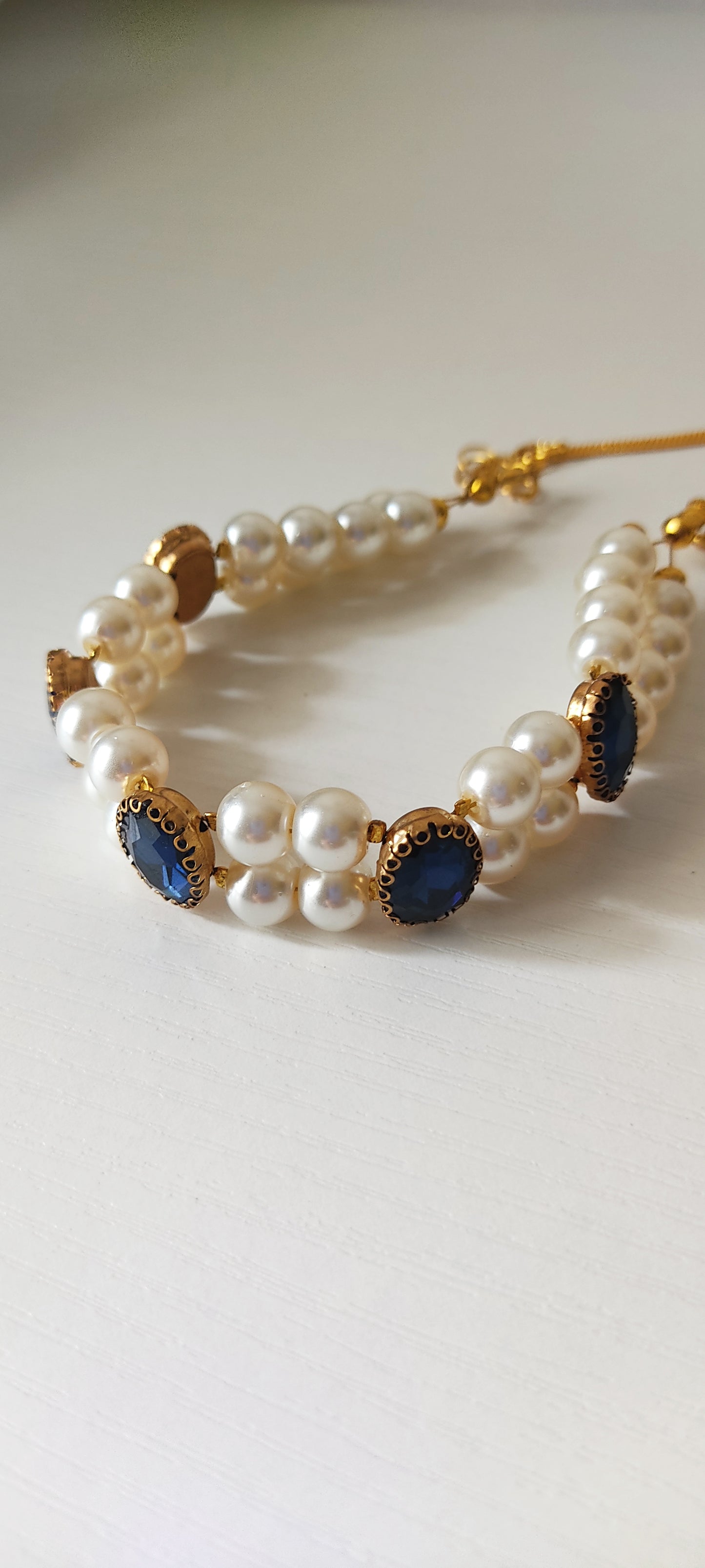 Royal Blue Oval Stone & Double Pearl Strand Choker Necklace – Gold-Tone Finish