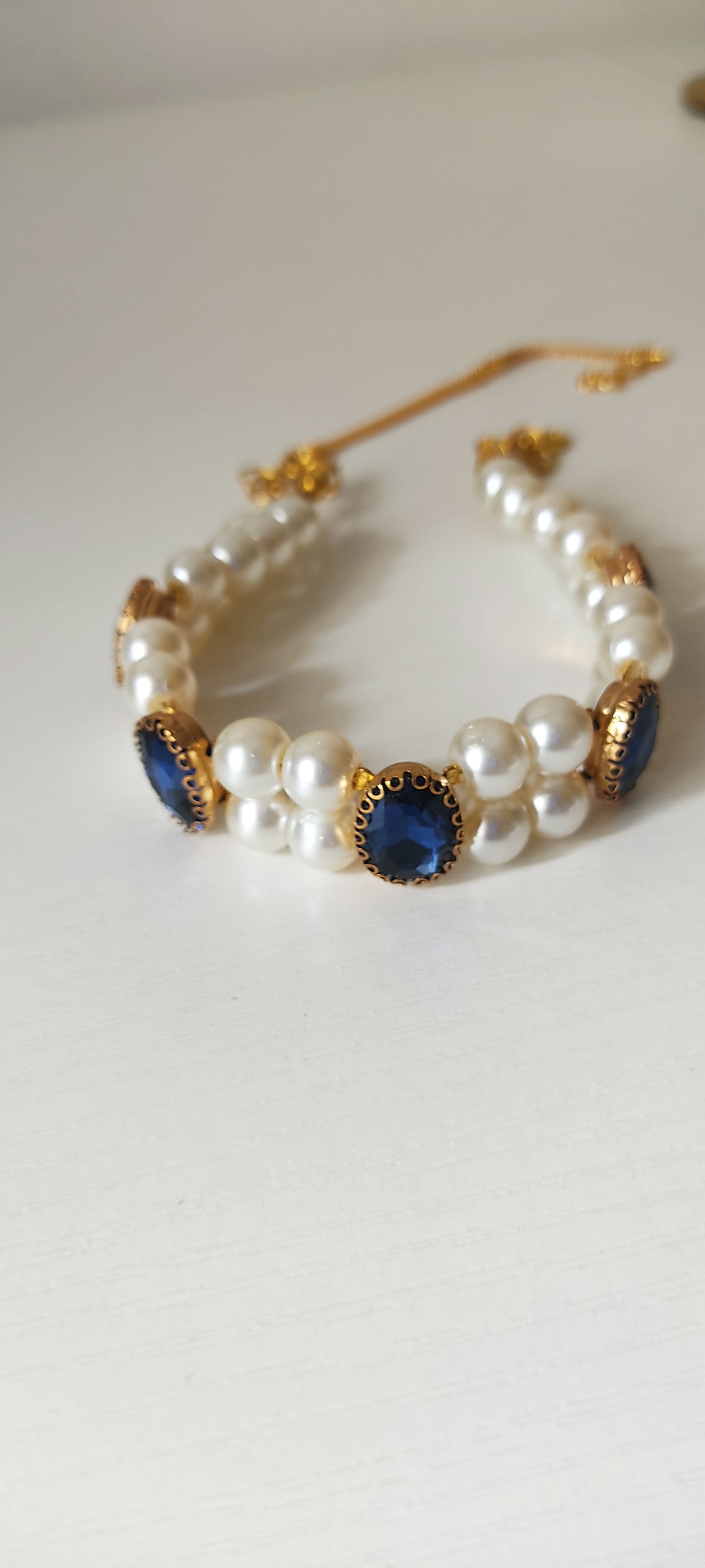 Royal Blue Oval Stone & Double Pearl Strand Choker Necklace – Gold-Tone Finish