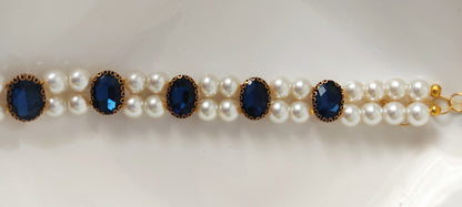 Royal Blue Oval Stone & Double Pearl Strand Choker Necklace – Gold-Tone Finish
