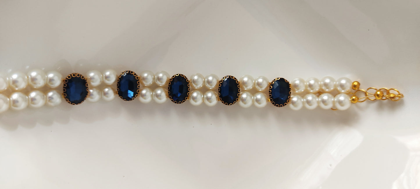 Royal Blue Oval Stone & Double Pearl Strand Choker Necklace – Gold-Tone Finish