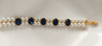 Royal Blue Oval Stone & Double Pearl Strand Choker Necklace – Gold-Tone Finish