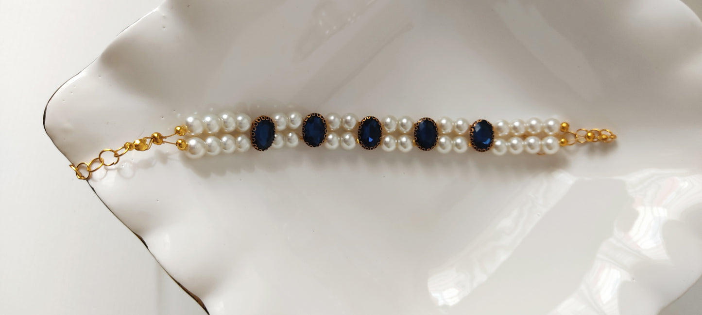 Royal Blue Oval Stone & Double Pearl Strand Choker Necklace – Gold-Tone Finish