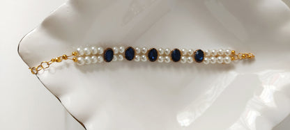 Royal Blue Oval Stone & Double Pearl Strand Choker Necklace – Gold-Tone Finish