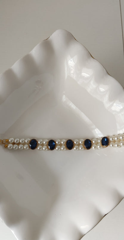 Royal Blue Oval Stone & Double Pearl Strand Choker Necklace – Gold-Tone Finish