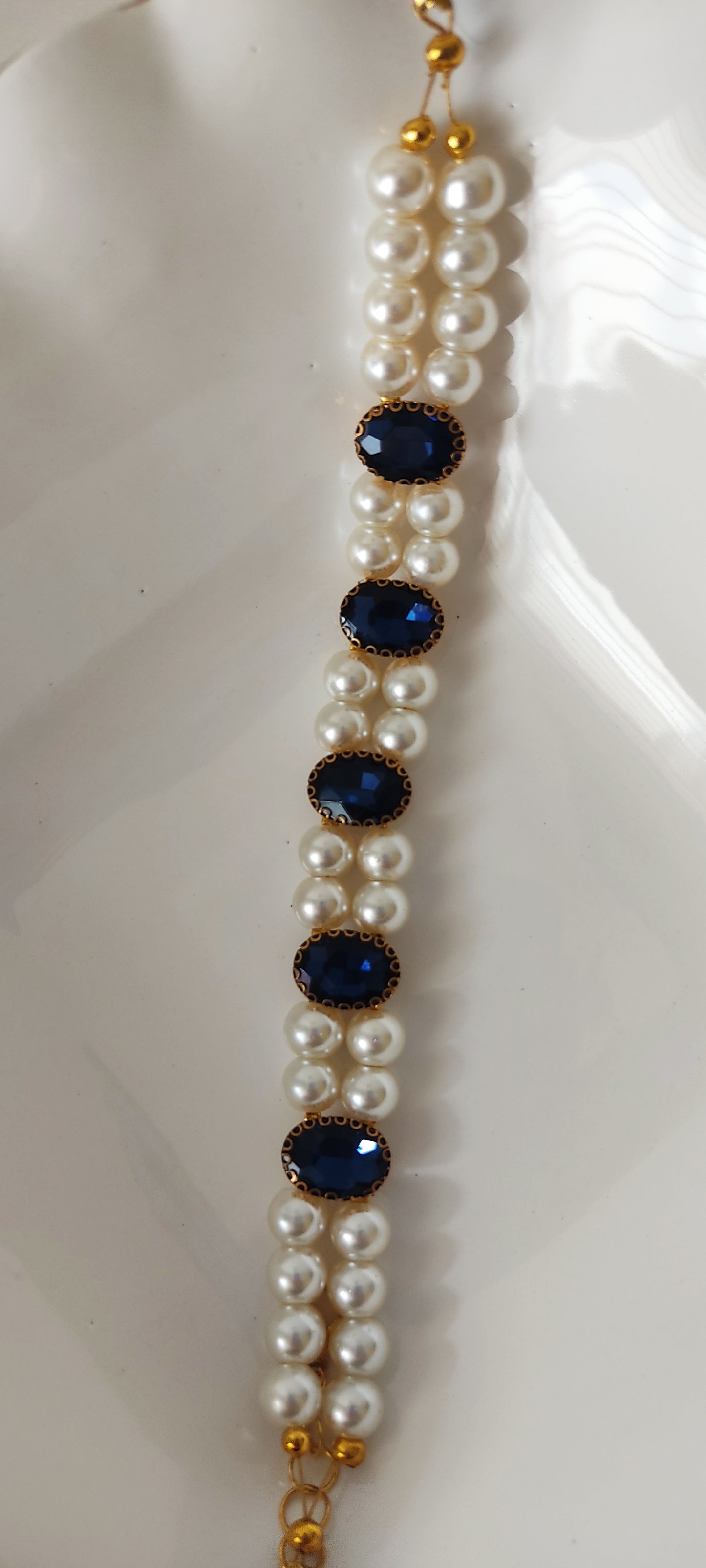 Royal Blue Oval Stone & Double Pearl Strand Choker Necklace – Gold-Tone Finish