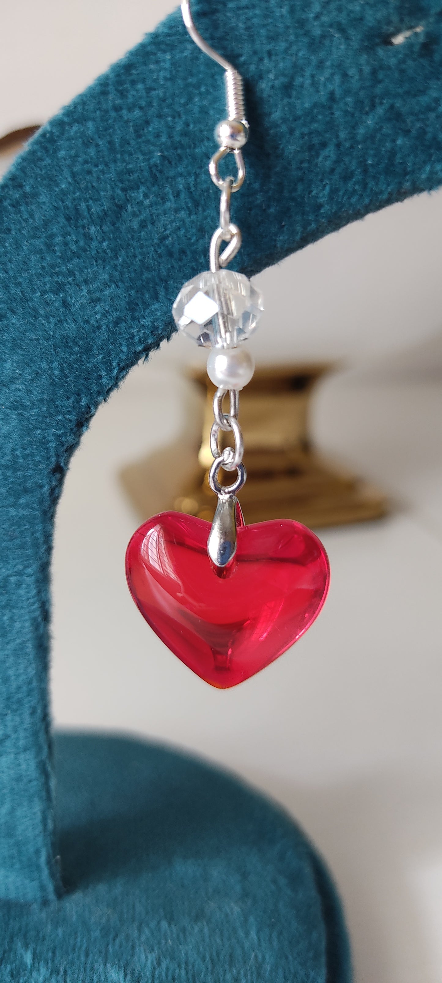 Red Heart Crystal & Bead Drop Earrings – Silver-Tone