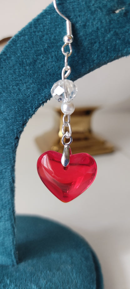 Red Heart Crystal & Bead Drop Earrings – Silver-Tone