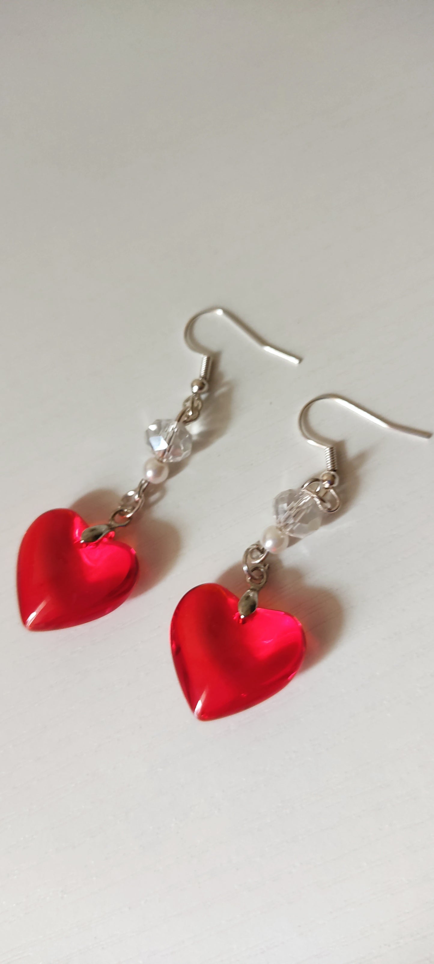 Red Heart Crystal & Bead Drop Earrings – Silver-Tone