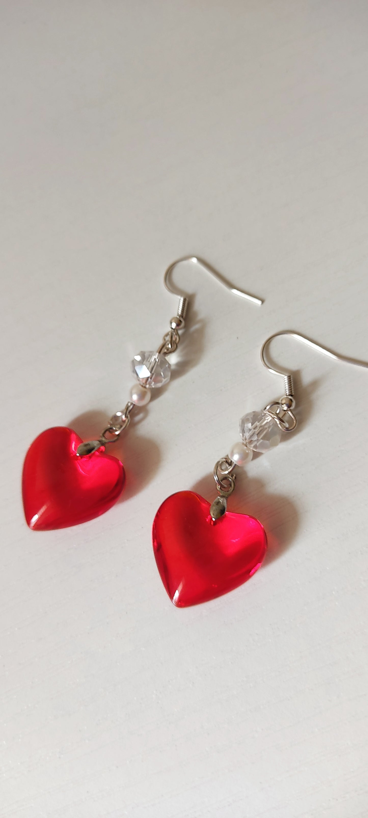 Red Heart Crystal & Bead Drop Earrings – Silver-Tone