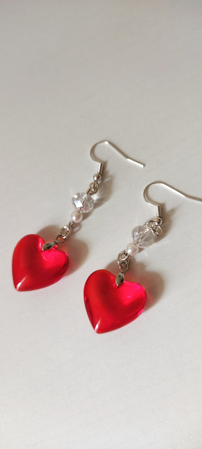 Red Heart Crystal & Bead Drop Earrings – Silver-Tone
