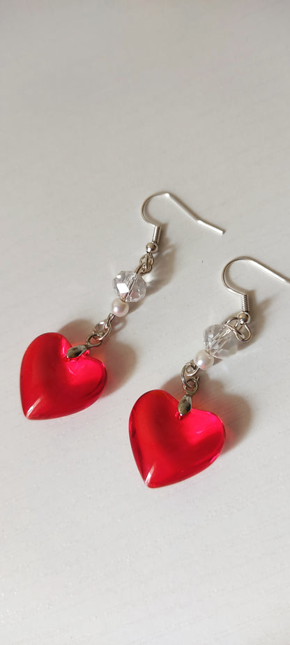 Red Heart Crystal & Bead Drop Earrings – Silver-Tone