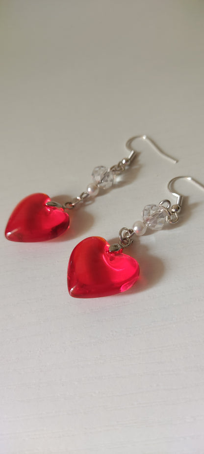 Red Heart Crystal & Bead Drop Earrings – Silver-Tone