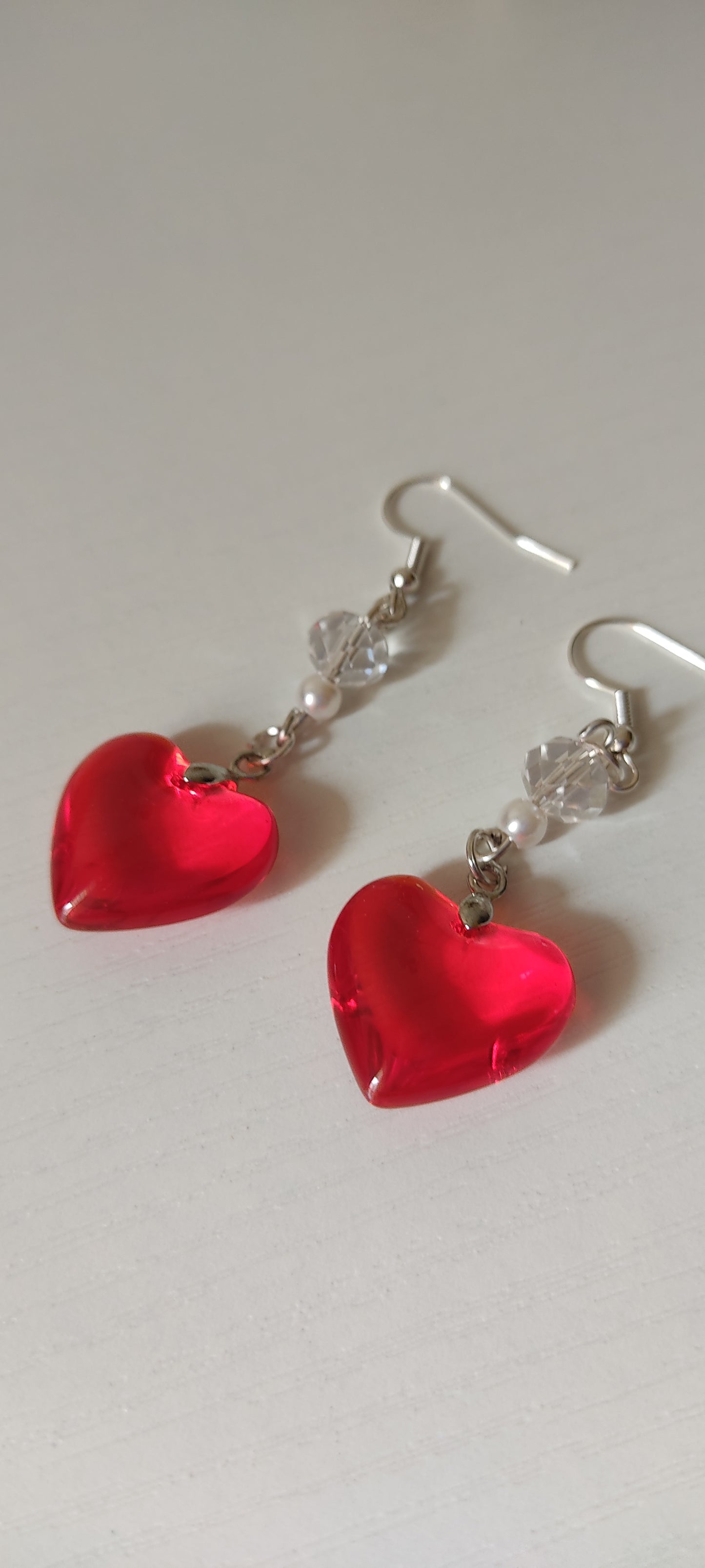 Red Heart Crystal & Bead Drop Earrings – Silver-Tone