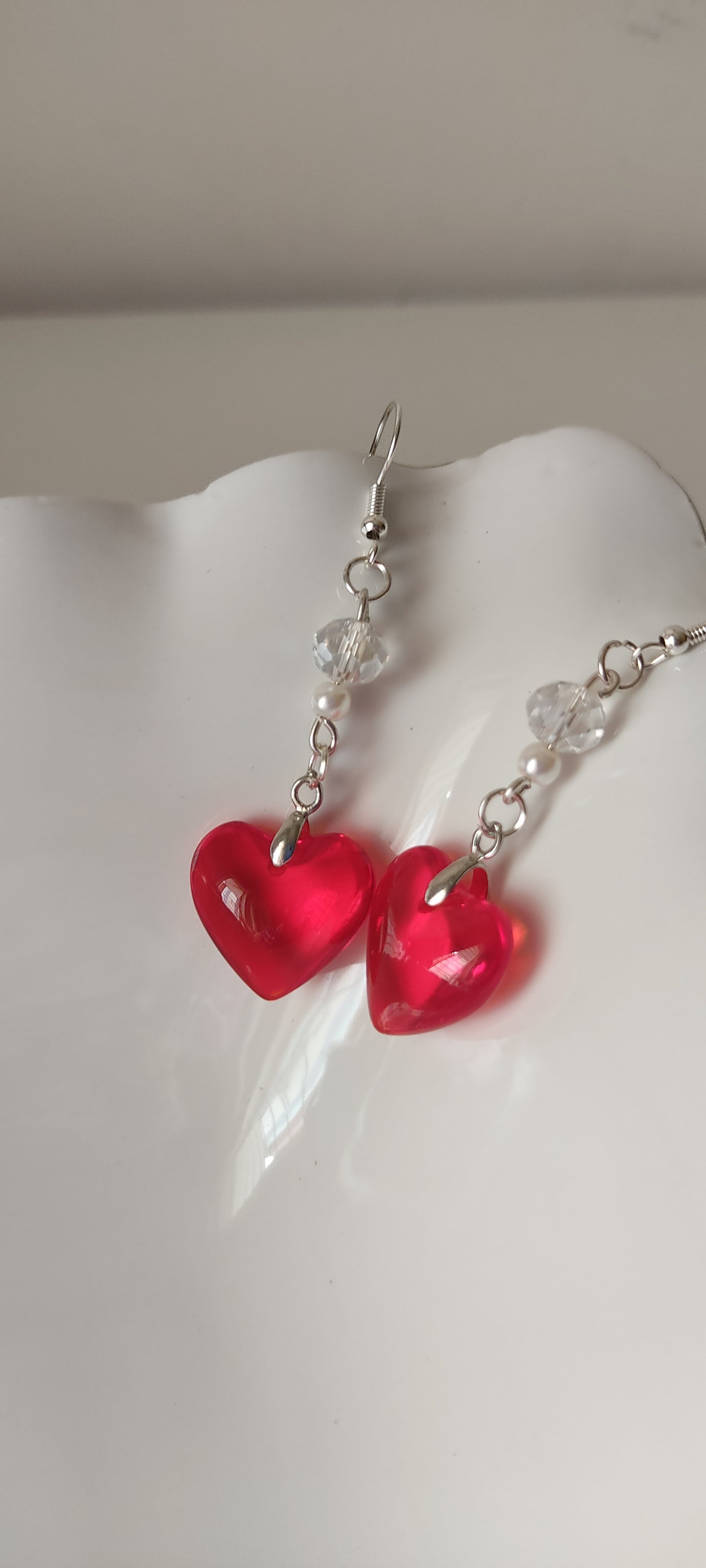 Red Heart Crystal & Bead Drop Earrings – Silver-Tone