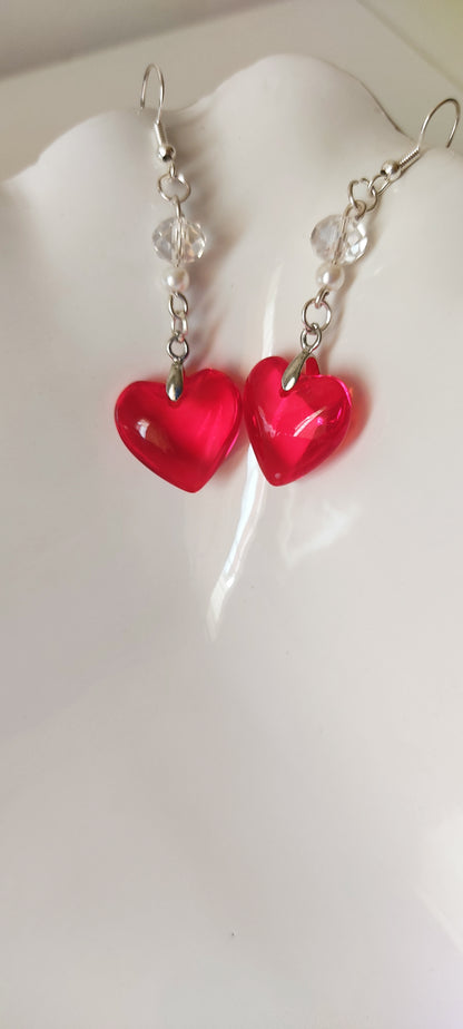 Red Heart Crystal & Bead Drop Earrings – Silver-Tone