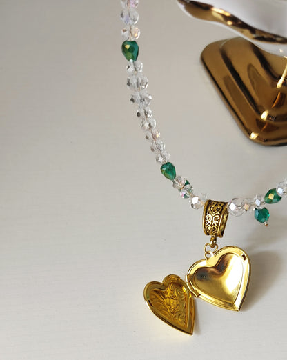 Emerald Crystal Heart Locket Necklace Set – 18K Gold Tone