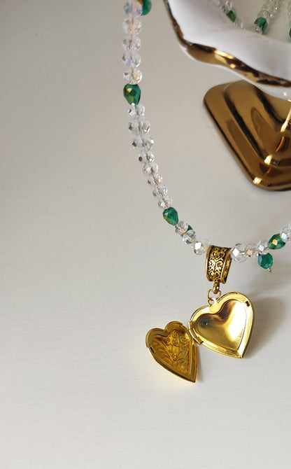 Emerald Crystal Heart Locket Necklace Set – 18K Gold Tone