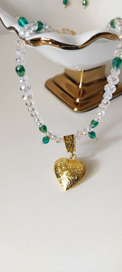 Emerald Crystal Heart Locket Necklace Set – 18K Gold Tone