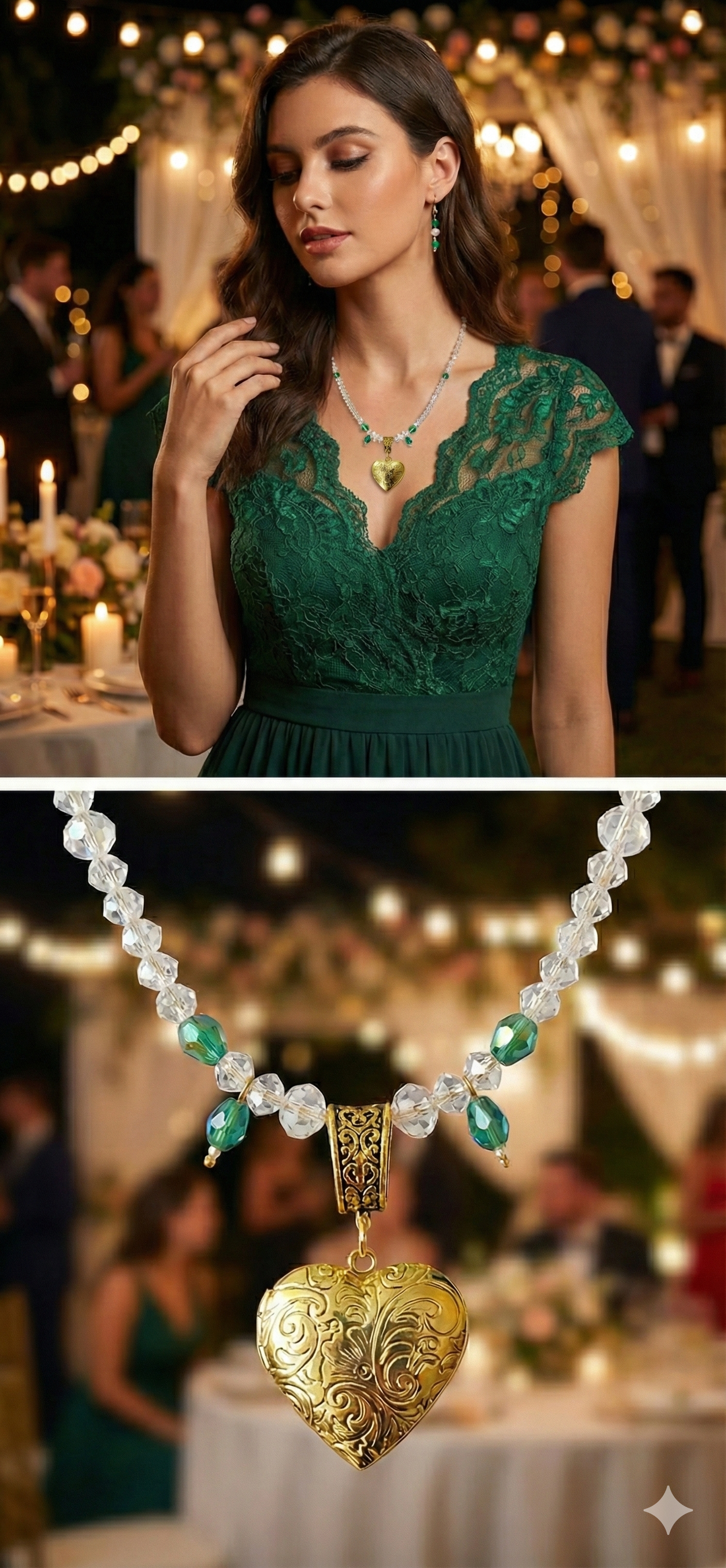 Emerald Crystal Heart Locket Necklace Set – 18K Gold Tone