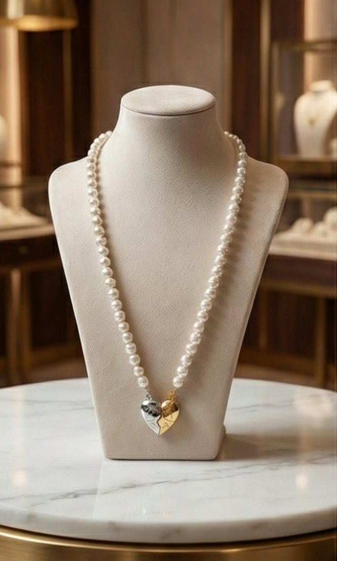 Gold & Silver Detachable Heart Pearl Necklace