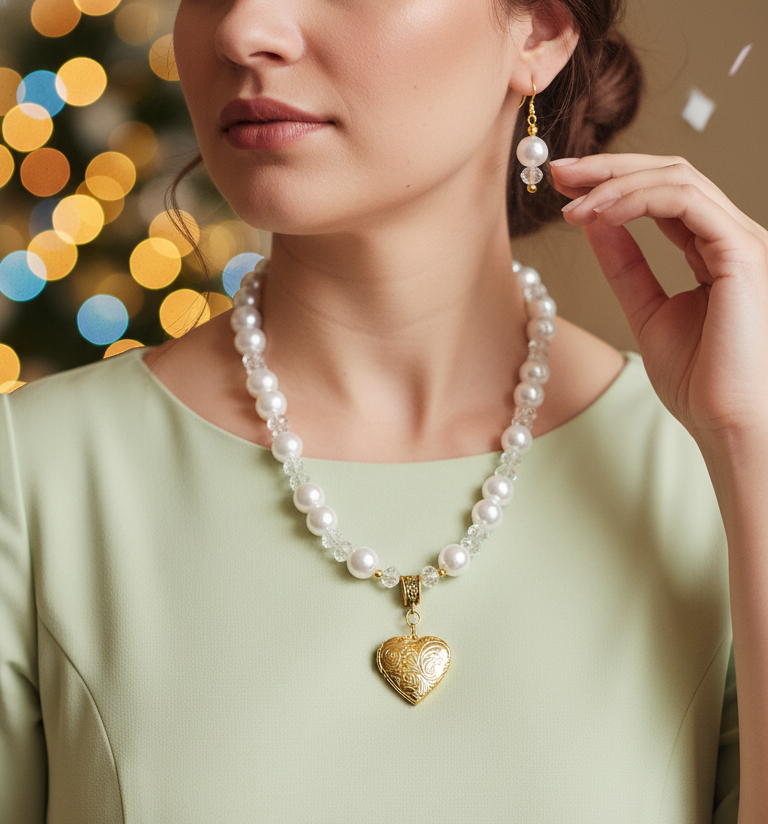Woman wearing a pearl necklace with a gold heart pendant against a blurred festive background