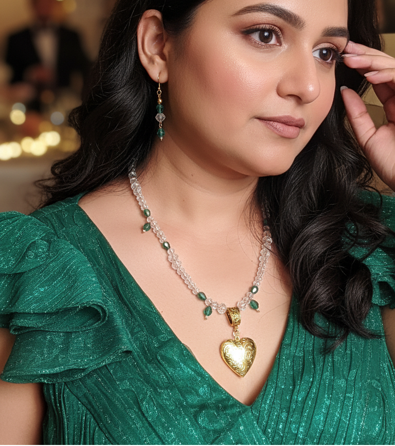 Woman wearing a green dress with ruffled sleeves and a gold necklace with a heart pendant, in an indoor setting.