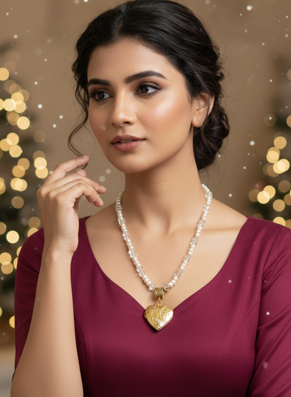 Woman wearing a maroon dress with a necklace against a blurred background