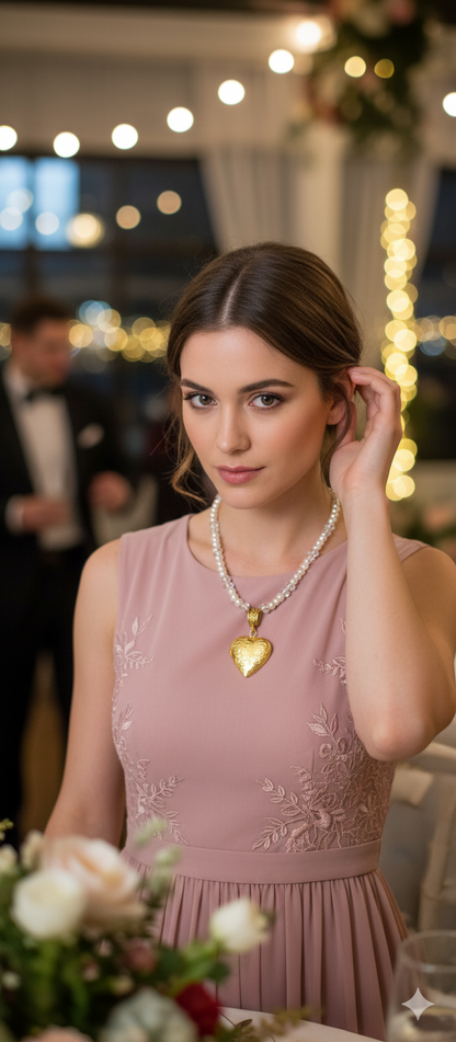 Woman in a pink dress with a necklace, standing in a festive indoor setting.